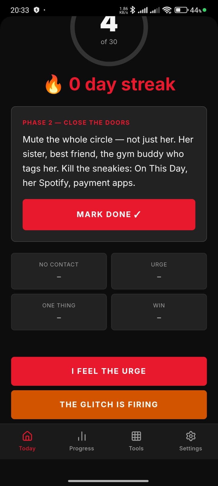 Don't Text Her app today dashboard, no contact rule tracker for men